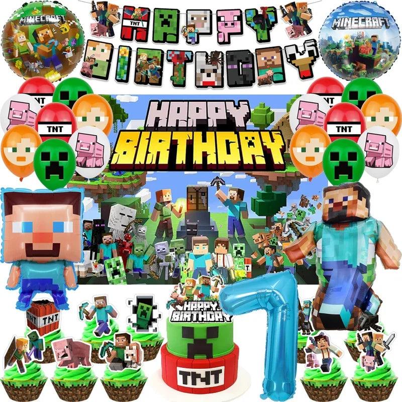 Miner Crafting Birthday Party Decoration Disposable Tableware Foil Balloon Banner Backdrop Cartoon Minecraft Game Theme Decor - petguardiansupplies