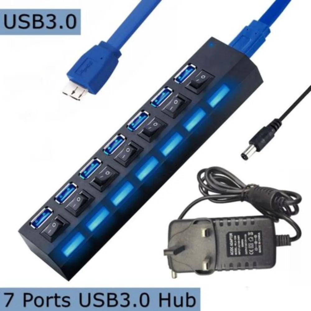 High Speed 7 Ports USB 3.0 HUB Power Splitter Extender Cable With UK Adapter - petguardiansupplies