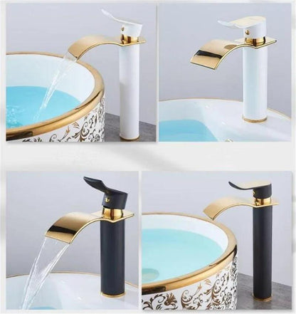 Basin Faucet Gold and white Waterfall Faucet Brass Bathroom Faucet Bathroom Basin Faucet Mixer Tap Hot and Cold Sink faucet - petguardiansupplies