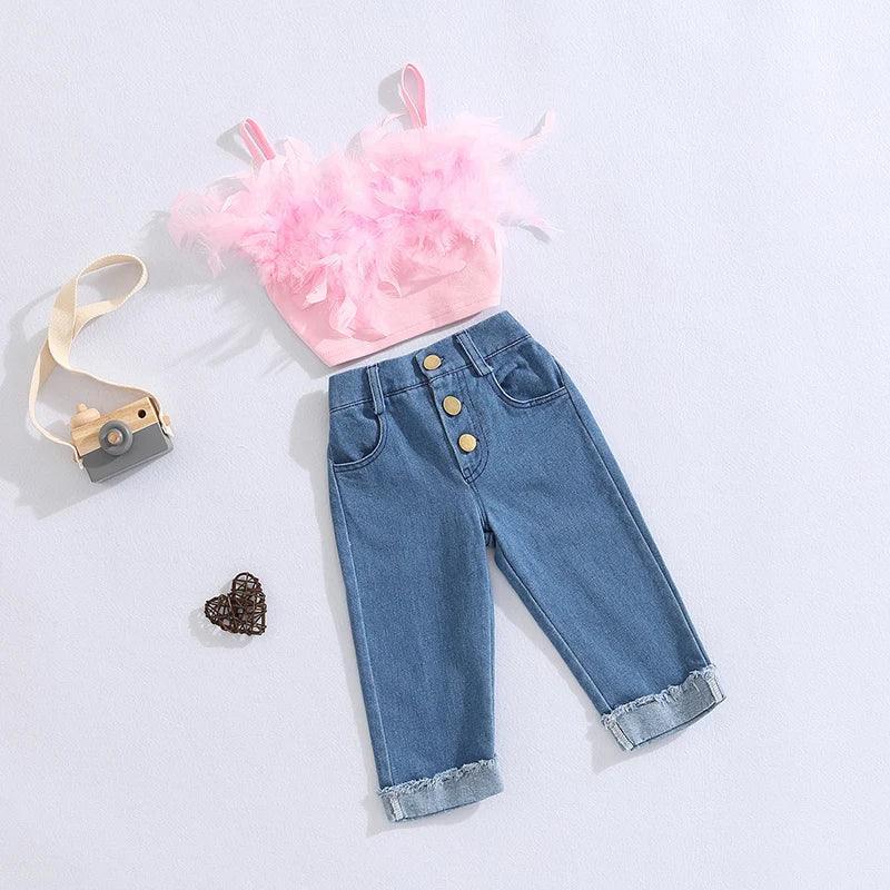 FOCUSNORM Little Girls Fashion Clothes Sets 1-6Y Ruffles Fur Feather Sleeveless Camisole Tops+High Waist Denim Pants 2pcs - petguardiansupplies