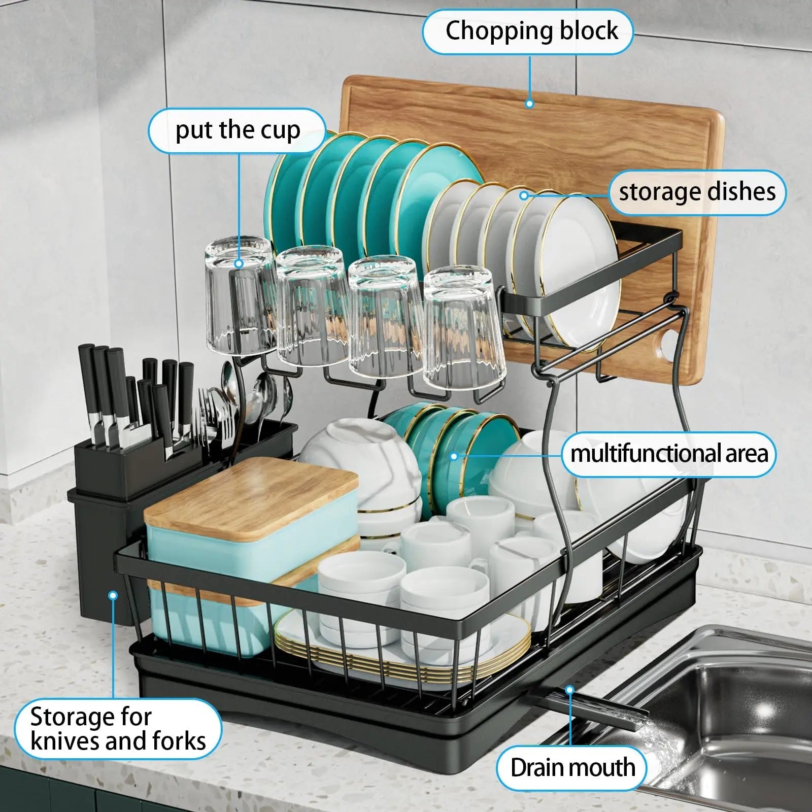 Large 2-tier dish drying rack for kitchen countertops, removable large-capacity dish draining rack - petguardiansupplies