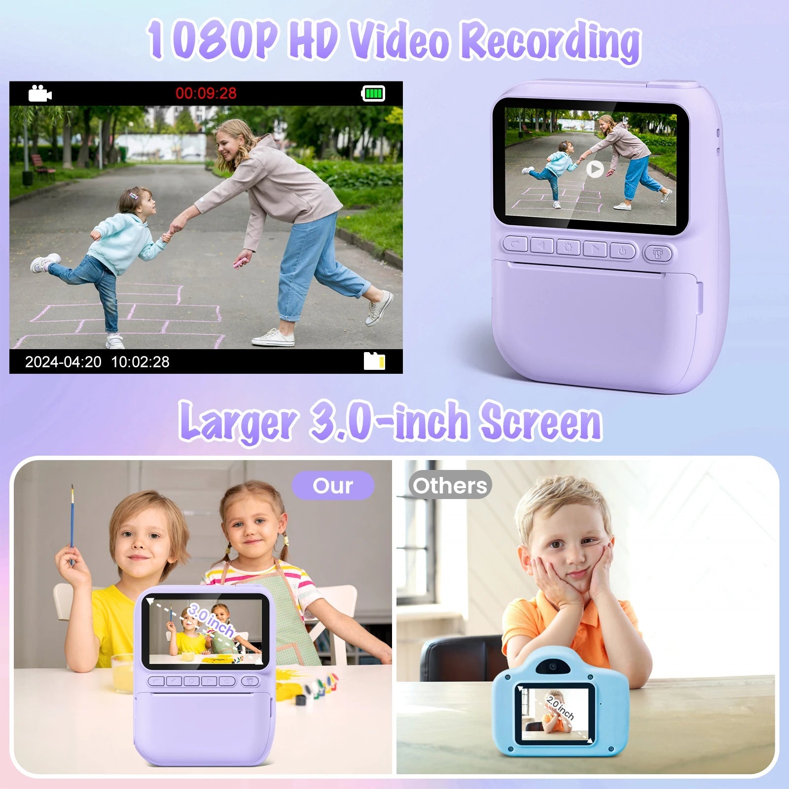 Kids Digital Camera 3.0" Portable Instant Print Camera 32MP HD 1080P Camera Toy Gift For 6-12 Year With 3 Rolls Printer Paper - petguardiansupplies