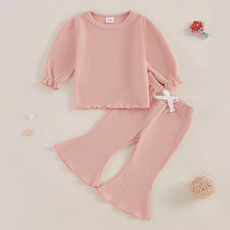 FOCUSNORM 0-3Y Lovely Baby Girls Autumn Clothes Sets 2pcs Solid Color Waffle Long Sleeve Tops and Elastic Flare Pants - petguardiansupplies