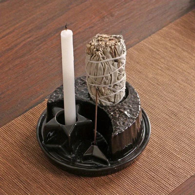 4-In-1 Ceramic Candle & Incense Holder Morandi Color with Cute Stars and Moon Design Perfect for Sage Palo Santo Stick Incense - petguardiansupplies