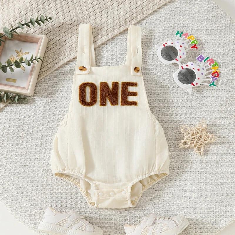 FOCUSNORM 0-18M Lovely Baby Girls Boys Birthday Romper Sleeveless Letter Embroidery Button Casual Overalls - petguardiansupplies