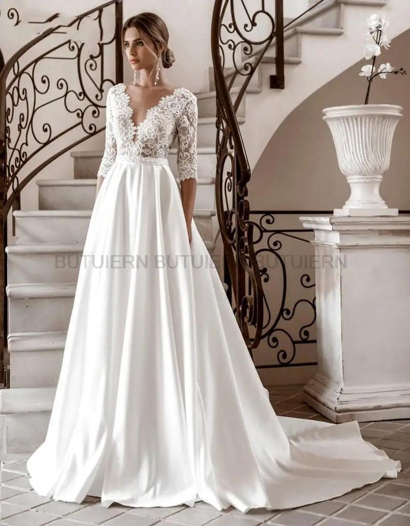 Elegant Long Sleeve Lace Wedding Dresses V-Neck Satin A-Line 2020 vestido de novia Bridal Gown Autumn New Vintage Simple - petguardiansupplies