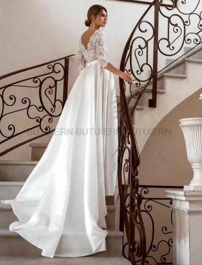 Elegant Long Sleeve Lace Wedding Dresses V-Neck Satin A-Line 2020 vestido de novia Bridal Gown Autumn New Vintage Simple - petguardiansupplies