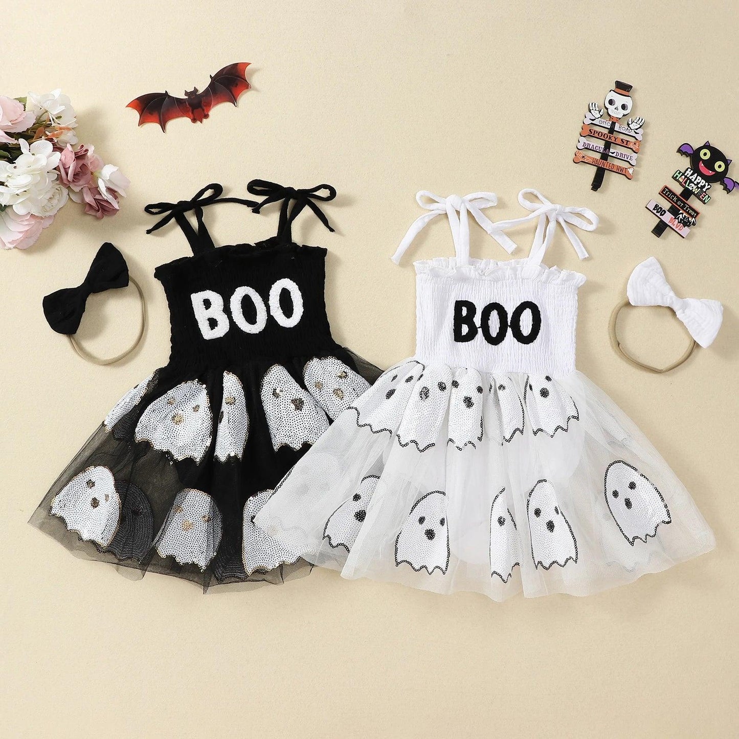 FOCUSNORM 0-24M Lovely Baby Girls Halloween Romper Dress Letter Embroidery Ghost Sequin Tie Spaghetti Strap Jumpsuit Headband - petguardiansupplies