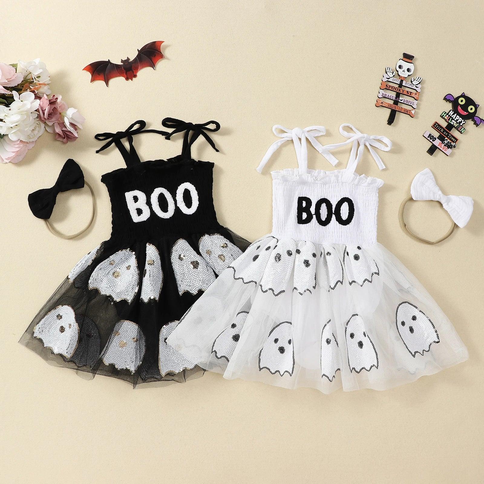 FOCUSNORM 0-24M Lovely Baby Girls Halloween Romper Dress Letter Embroidery Ghost Sequin Tie Spaghetti Strap Jumpsuit Headband - petguardiansupplies