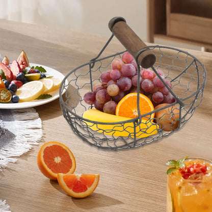 Iron Fruit Basket with Wooden Handle Fruit Vegetable Basket Storing Food Photography Props for Home Kitchen Living Room - petguardiansupplies