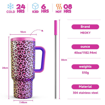 Meoky 40oz Tumbler Handle Straw Multiple Prints Stainless Steel Bottle Thermos Coffee Cup Portable Vacuum Insulated Car Mug Gift - petguardiansupplies