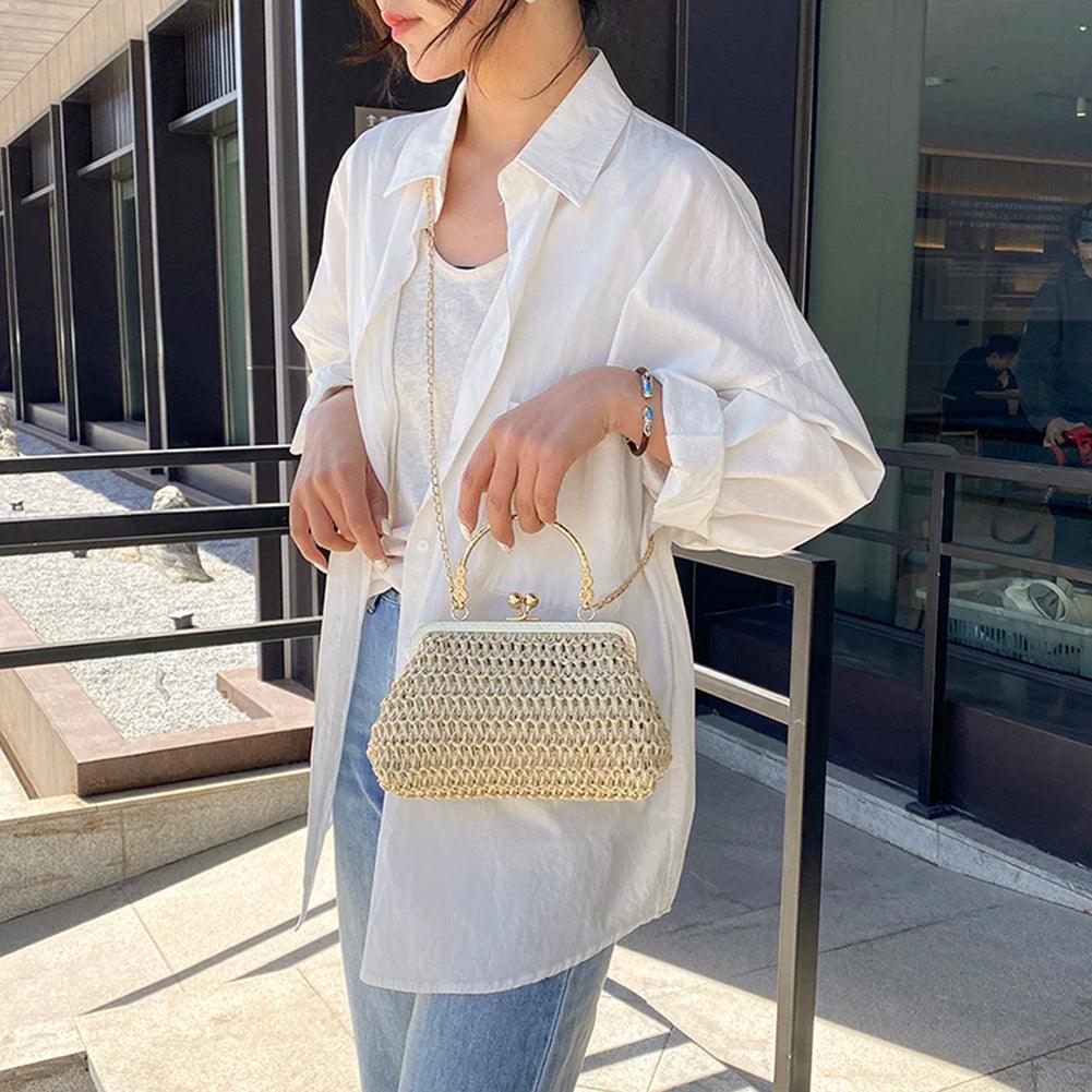 Summer Beach Straw Bags Exquisite Gold Chain Party Banquet Purse Hand Woven Handbag Female Clutch Bag Shoulder Crossbody Bags - petguardiansupplies