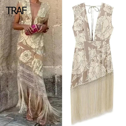 TRAF Fringing Print Dress Women Dresses Spring Summer 2024 V-Neck Sleeveless Backless Dresses New In Dresses Elegant Prom Dress - petguardiansupplies