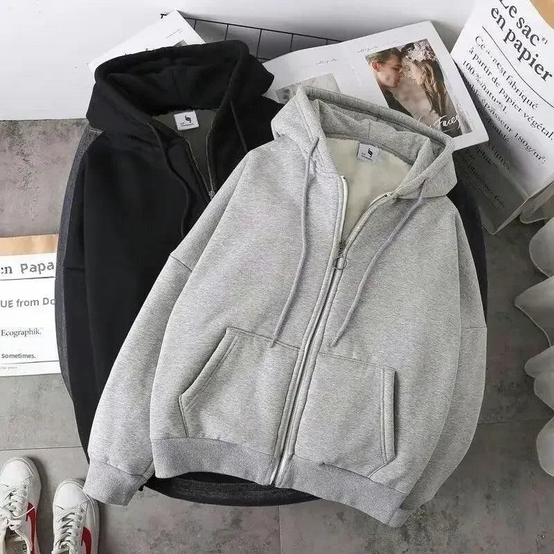 Fleece-lined Thickened Sweatshirt Hooded Zip-up Warm Top Loose-fit Autumn/winter Cardigan Jacket For Men Women Couples - petguardiansupplies