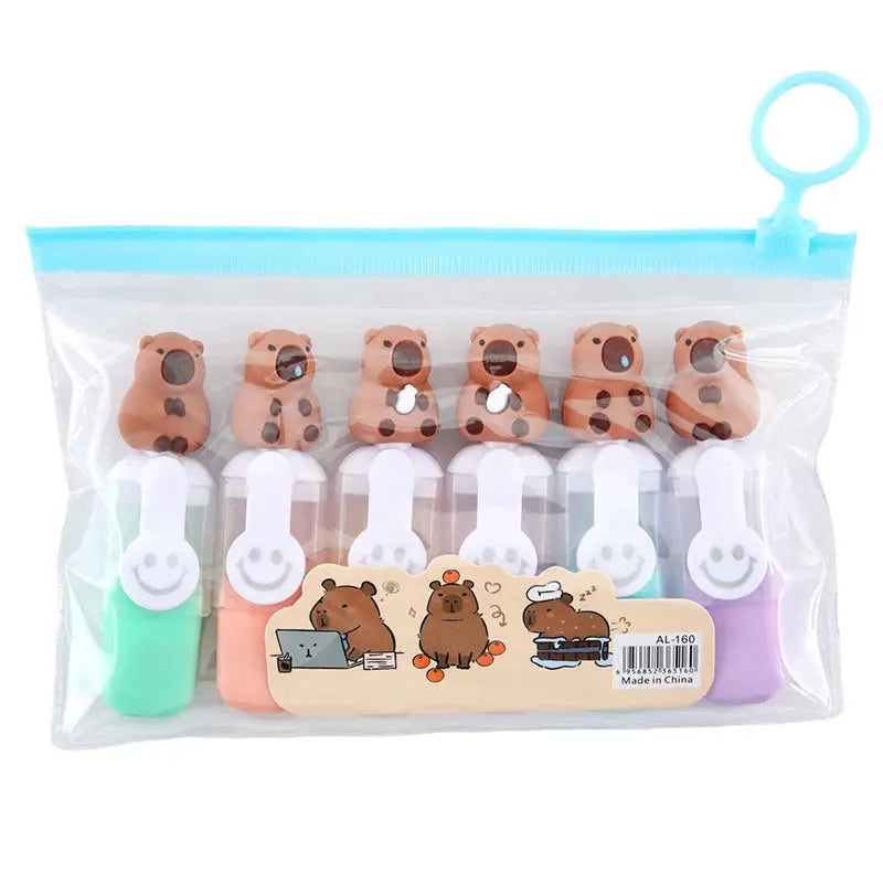 6Pcs/Set Cute Capybara Highlighter Pen Set Cartoon Markers Stationery Mini 6-color Highlighters Birthday Gift - petguardiansupplies