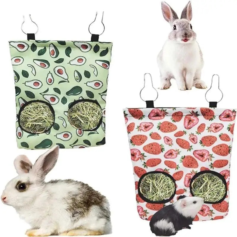 Guinea Pigs 2/3 Holes Hay Feeding Bags Strawberry Printed Rabbit Hanging Feeder Chinchilla Food Organizer Pet Cage Supplies - petguardiansupplies