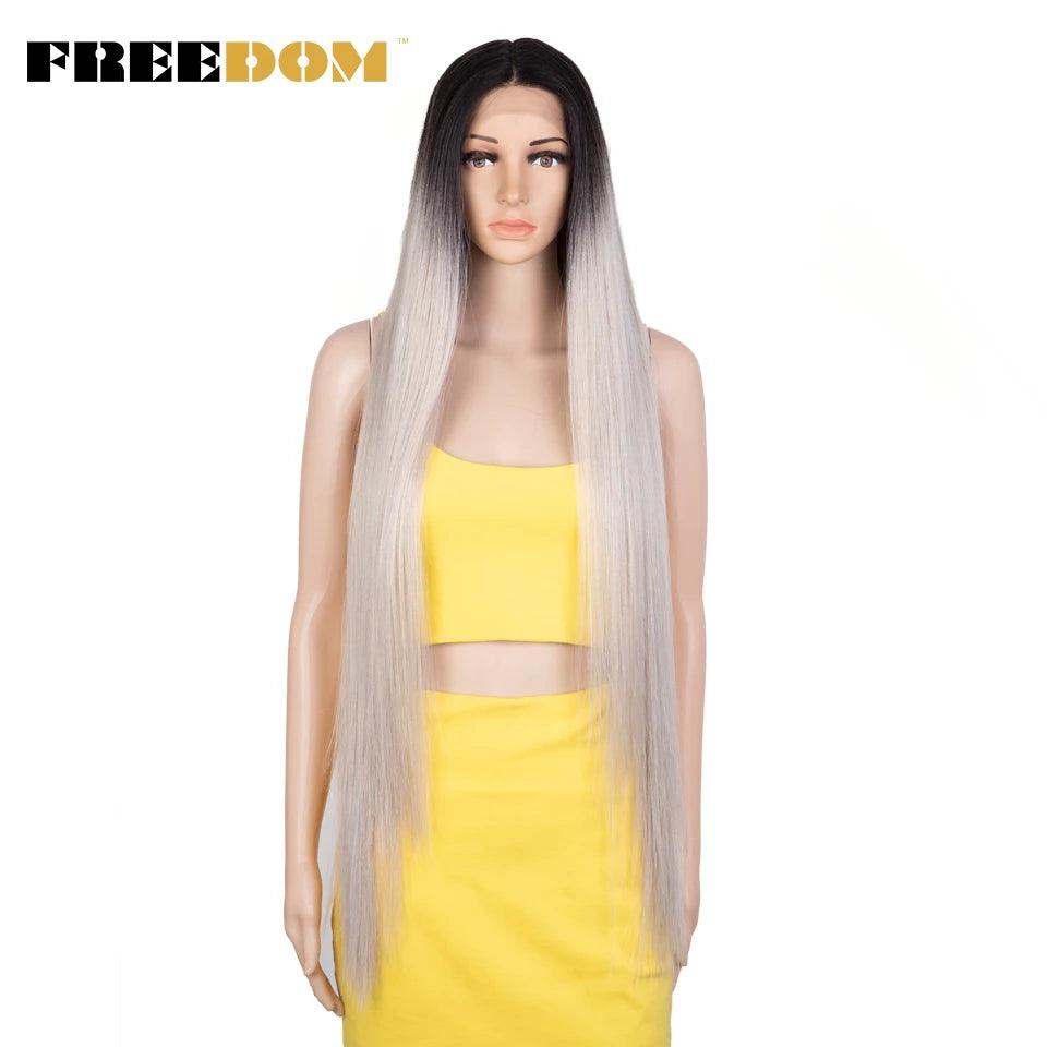 FREEDOM Synthetic Lace Front Wigs For Women Super Long 38Inch Ombre Blonde Highlight Ginger Straight Lace Wigs Cosplay Wigs - petguardiansupplies