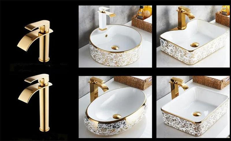 Basin Faucet Gold and white Waterfall Faucet Brass Bathroom Faucet Bathroom Basin Faucet Mixer Tap Hot and Cold Sink faucet - petguardiansupplies