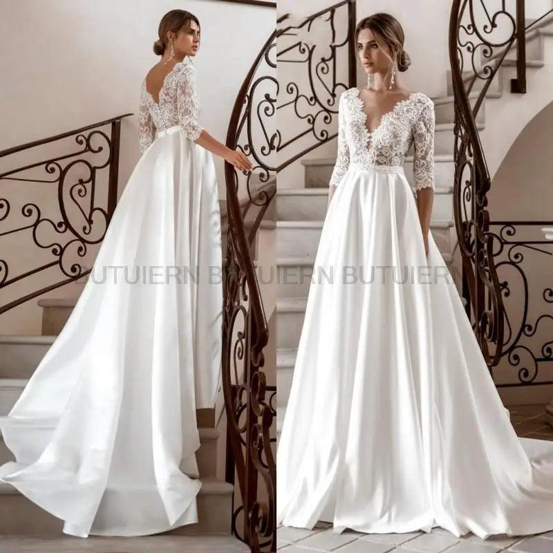 Elegant Long Sleeve Lace Wedding Dresses V-Neck Satin A-Line 2020 vestido de novia Bridal Gown Autumn New Vintage Simple - petguardiansupplies