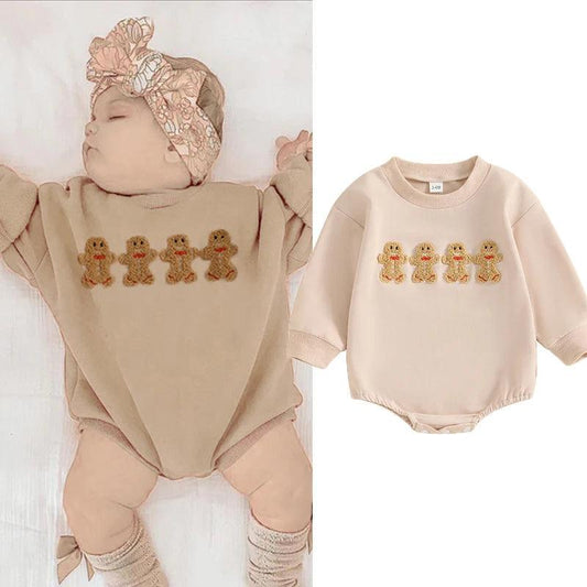 FOCUSNORM 0-18M Lovely Baby Boys Girls Christmas Romper Gingerbread Embroidery Long Sleeve Sweatshirt Jumpsuits - petguardiansupplies