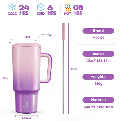 Meoky 40oz Tumbler Handle Straw Multiple Prints Stainless Steel Bottle Thermos Coffee Cup Portable Vacuum Insulated Car Mug Gift - petguardiansupplies