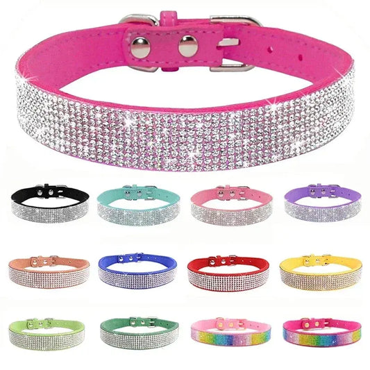 Suede Fiber Crystal Dog Collar Comfortable Glitter Rhinestone Dog Collars Zinc Alloy Buckle Collar for Small Dogs Cats XXS-L - petguardiansupplies