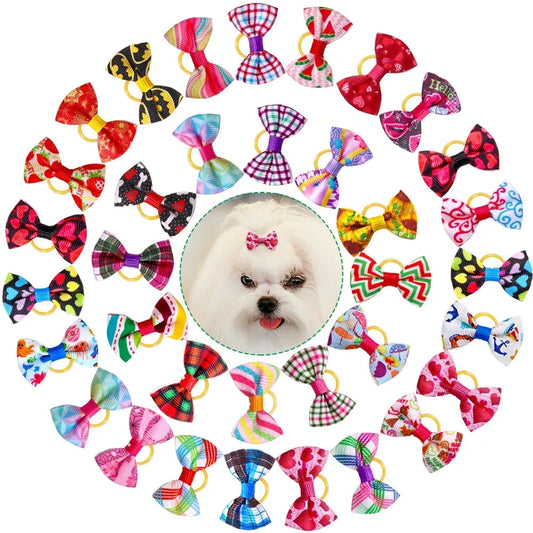 20 Pcs Dog Bows Pet Dog Grooming Accessories Products Handmade Christmas Small Dog Hair Bows Rubber Band Cat Hair Clips Boutique - petguardiansupplies