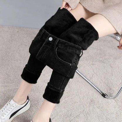 Winter Fleece-lined Thickened Women's Jeans Slimming Warm Elastic Pencil-leg Trousers - petguardiansupplies