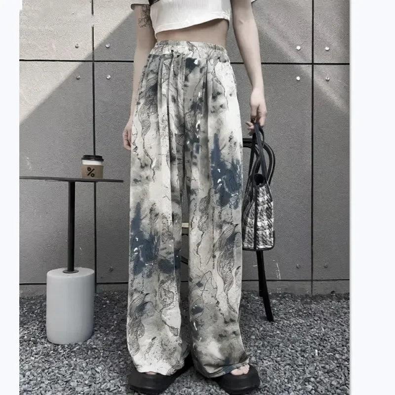 High-waisted Slimming Women's Bell Bottoms Casual Loose-fit Straight-leg Pants Summer Printing Ink Watermarked Chinese Style - petguardiansupplies