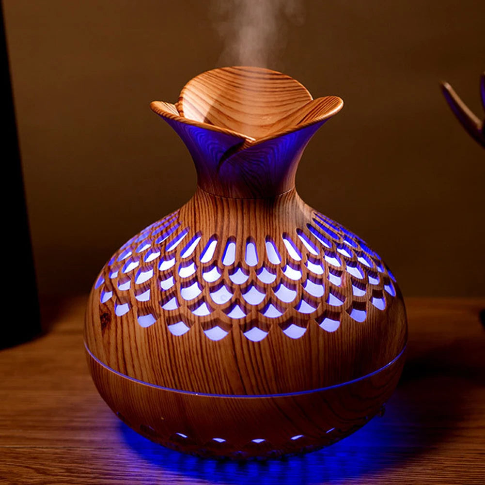 300ML Wood Grain Flower Humidifier Silent Aromatherapy Diffuser USB Rechargeable Mini Humidifier with Colourful Night Light - petguardiansupplies