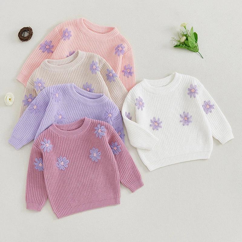 FOCUSNORM 0-3Y Autumn Winter Baby Girls Sweater Flower Embroidery Crew Neck Long Sleeve Kids Pullovers Fall Tops - petguardiansupplies