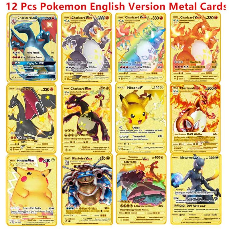 Pokemon English Metal Card Anime Pikachu Charizard Mewtwo Blastoise Vmax Shiny Letters Game Collection Card Kids Toy Gifts - petguardiansupplies