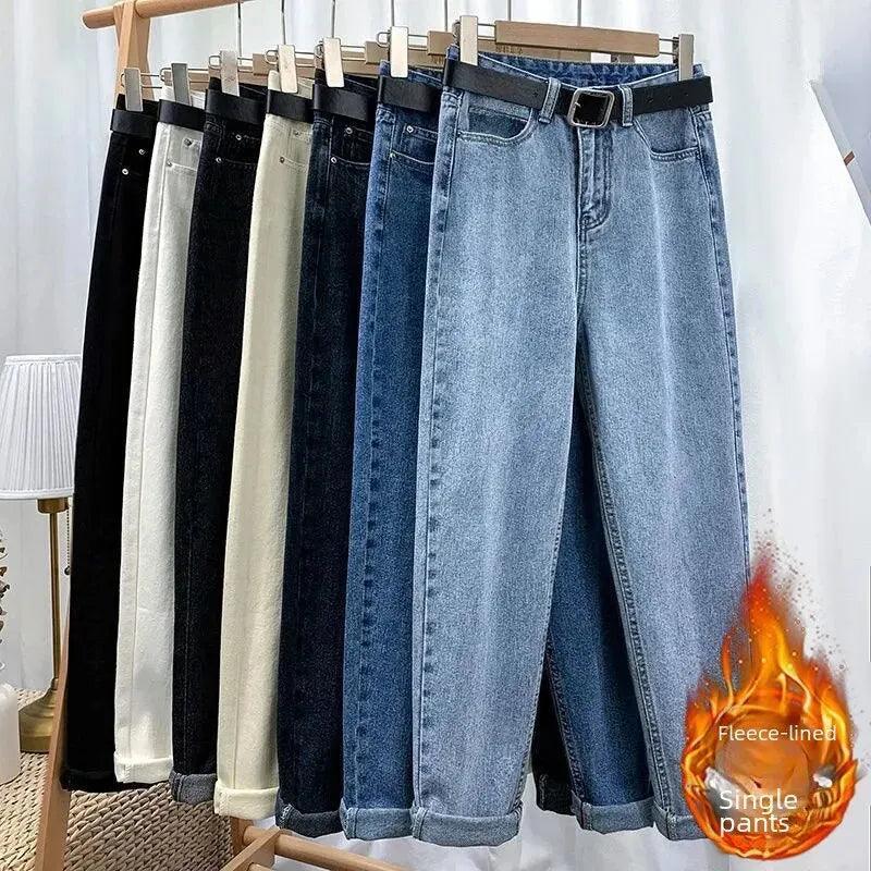 High-waisted Fleece-lined Women's Jeans Slimming Loose-fit Straight-leg Autumn/winter Warm Denim Pants - petguardiansupplies