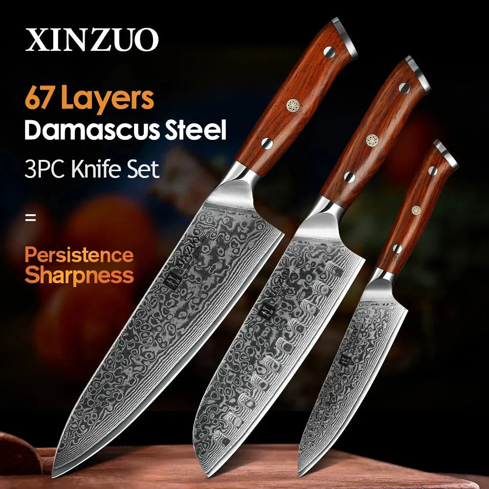 XINZUO 1PCS or 3PCS Kitchen Knife Sets Japanese Forged Damascus Steel Chef Santoku Knives Stainless Steel Rosewood Handle - petguardiansupplies