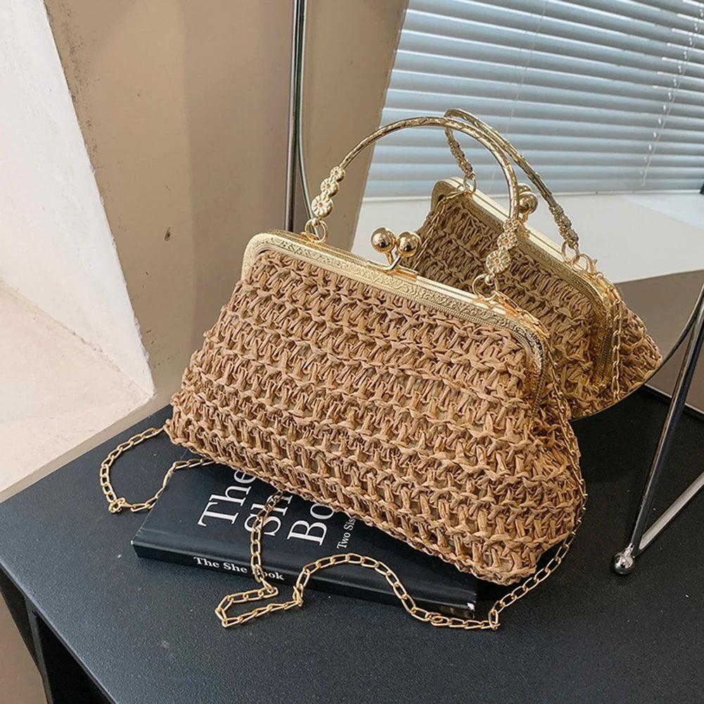 Summer Beach Straw Bags Exquisite Gold Chain Party Banquet Purse Hand Woven Handbag Female Clutch Bag Shoulder Crossbody Bags - petguardiansupplies