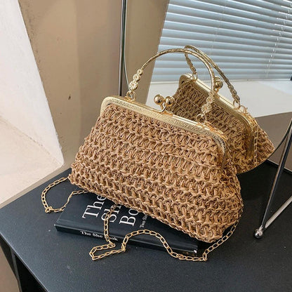 Summer Beach Straw Bags Exquisite Gold Chain Party Banquet Purse Hand Woven Handbag Female Clutch Bag Shoulder Crossbody Bags - petguardiansupplies