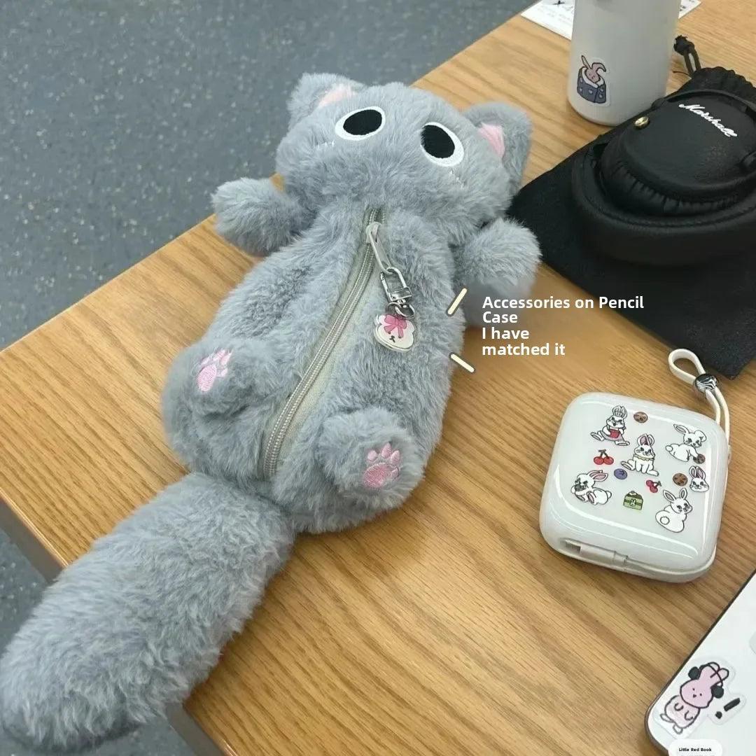 Grey Plush Little Cat Pencil Bag High Aesthetic Value Cute Desktop Cartoon Capacity Student Milk Fufu Stationery Storage Bag - petguardiansupplies