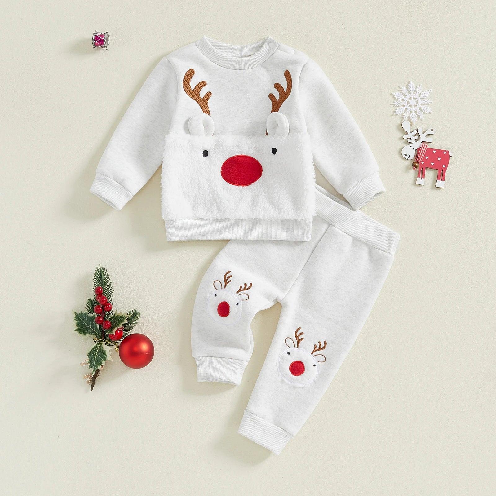 FOCUSNORM 0-3Y Autumn Winter Baby Girls Boys Christmas Clothes Sets Fur Reindeer Embroidery Long Sleeve Sweatshirt with Pants - petguardiansupplies