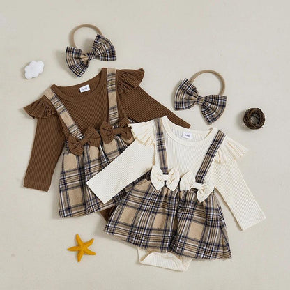 FOCUSNORM 0-18M Lovely Baby Girls Autumn Romper Dress Long Sleeve O Neck Plaid Print Patchwork Bow Jumpsuits with Headband - petguardiansupplies