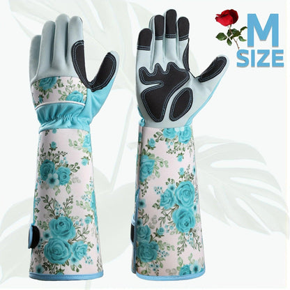 1 Pair Women's Long Gardening Gloves, Blue Print Leather, Thorn Proof, Breathable Gauntlet, Durable & Comfortable for Yard Work - petguardiansupplies