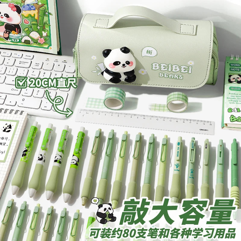 Green Panda Pencil Bag Large Capacity Stationery Pen Case Bear Dog Cat Handle Storage School Supplies Gift Box PU Ruler Holder A - petguardiansupplies