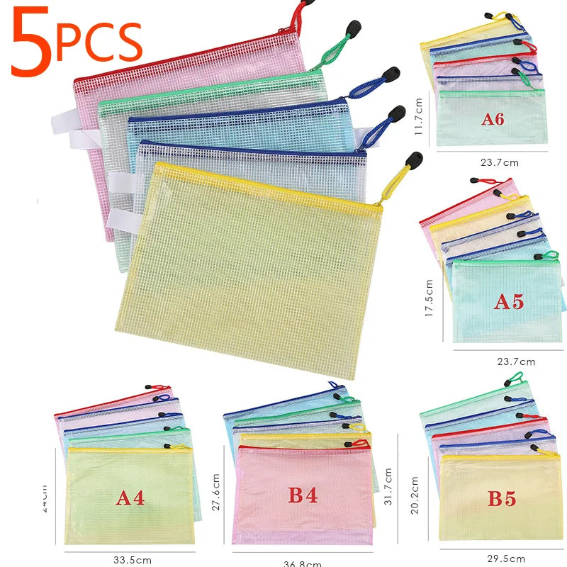 5PCS Stationery Storage Folder File Mesh Zipper Pouch A4 A5 A6 Document Bag Zip File Folders School Office Supplies - petguardiansupplies