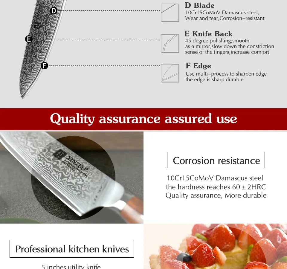 XINZUO 5'' Inch Utility Knives Japanese Damascus Steel Kitchen Knife Rosewood Handle Top Selling Small Knife Fruit Cook Knives - petguardiansupplies