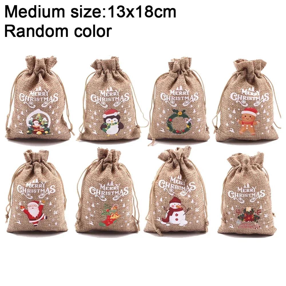 1/10PCS Christmas Linen Drawstring Bags Candy Biscuits Pouchs Burlap Bracelet Jewelry Storage Bags Xmas Kids Gift Packaging Bags - petguardiansupplies