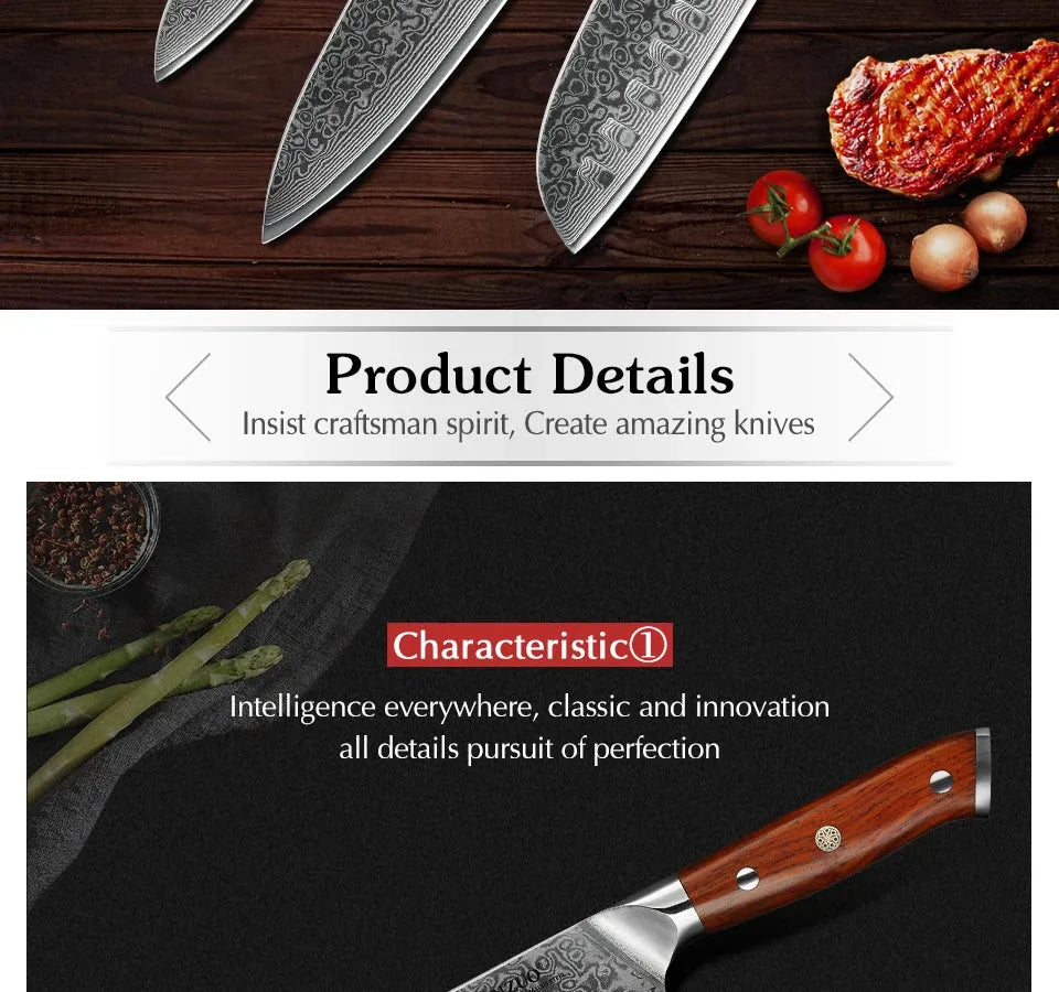 XINZUO 1PCS or 3PCS Kitchen Knife Sets Japanese Forged Damascus Steel Chef Santoku Knives Stainless Steel Rosewood Handle - petguardiansupplies