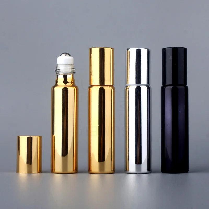 10ml Gold/Silver/Black Glass Roll On Bottle with Stainless Steel Roller Ball for Perfume Eye Cream Essential Oil Travel Bottles - petguardiansupplies