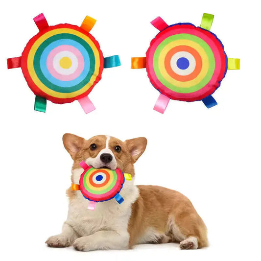 Pet interactive supplies plush frisbee with bell dog toy teeth grinding teeth cleaning resistant bite colorful webbing dog toy - petguardiansupplies