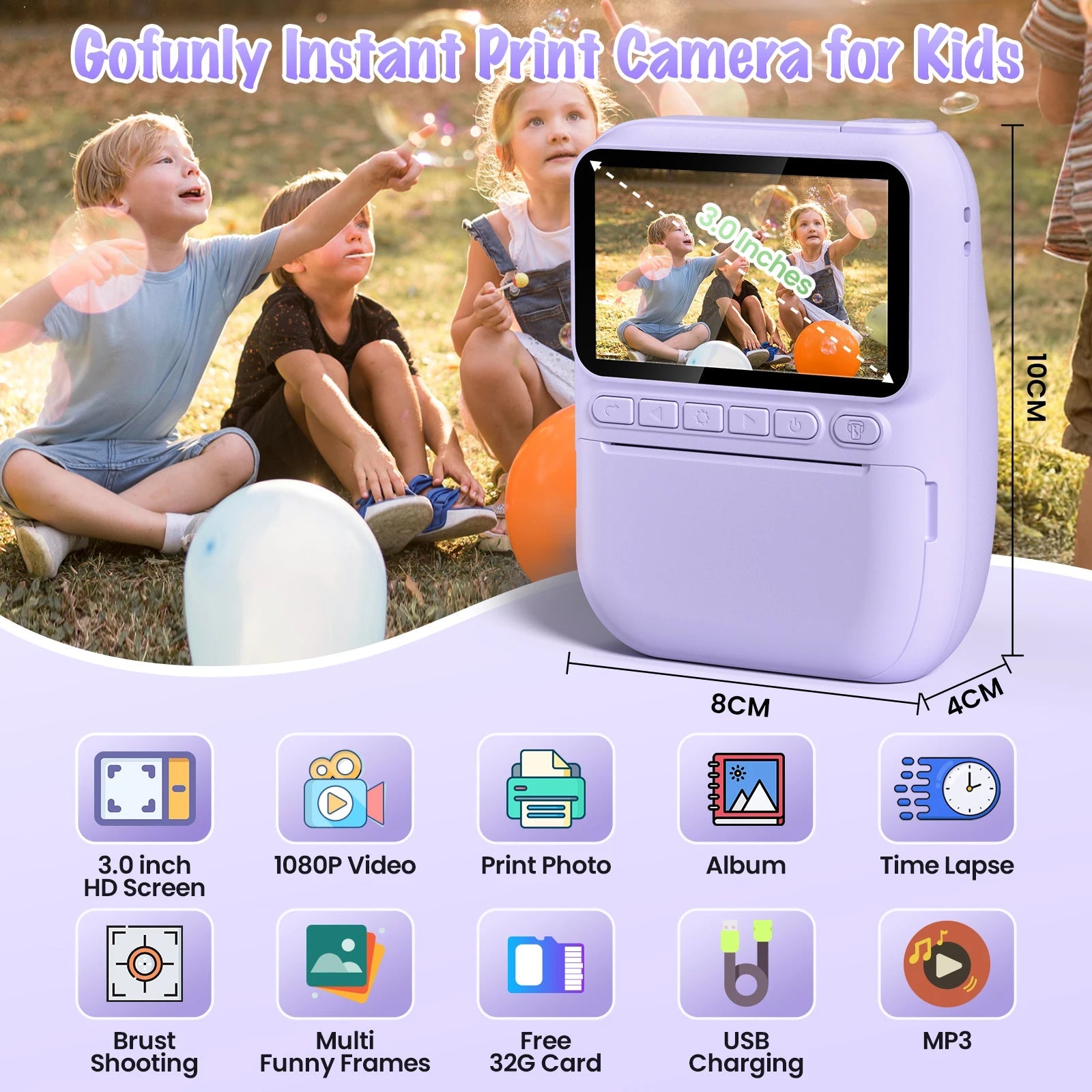 Kids Digital Camera 3.0" Portable Instant Print Camera 32MP HD 1080P Camera Toy Gift For 6-12 Year With 3 Rolls Printer Paper - petguardiansupplies