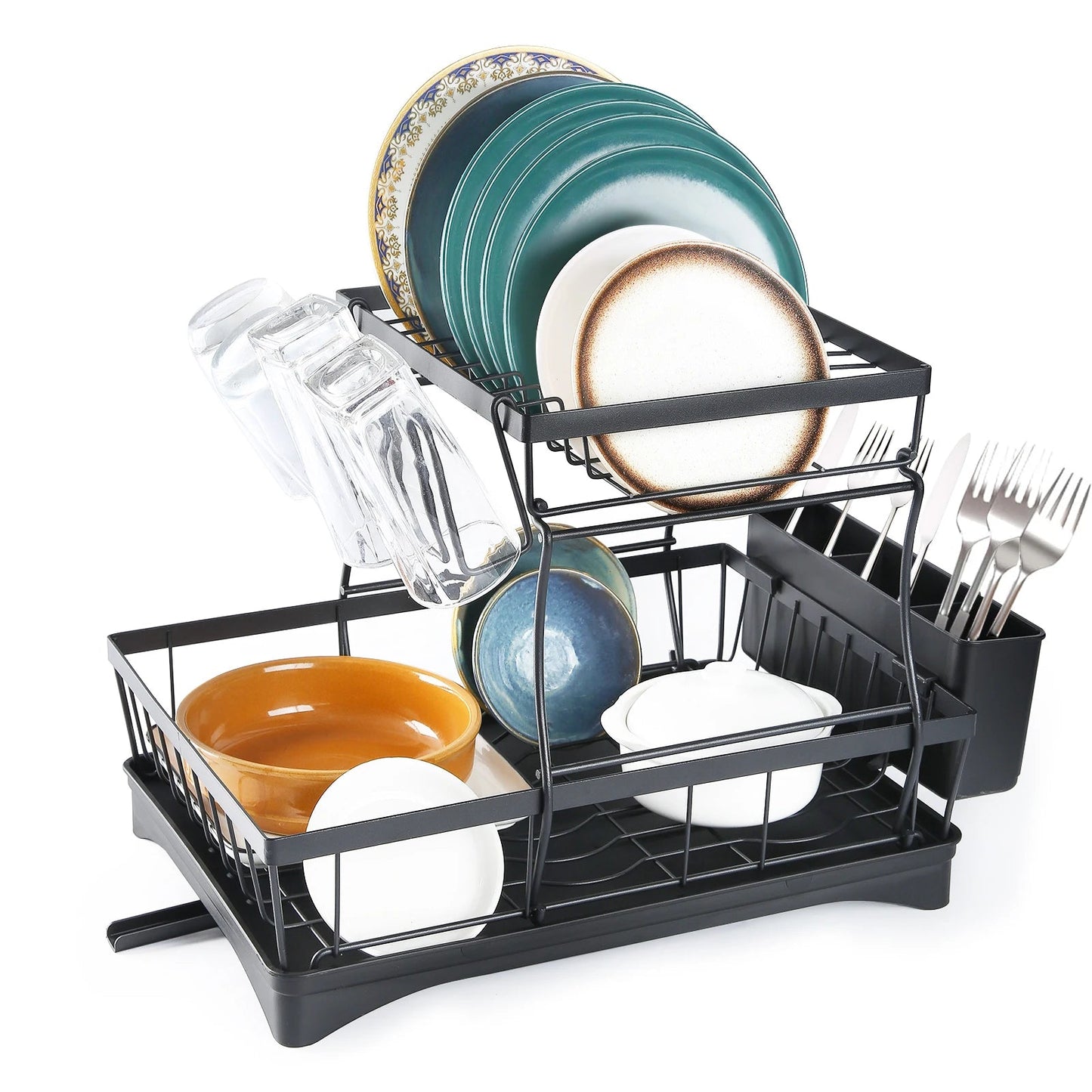 Large 2-tier dish drying rack for kitchen countertops, removable large-capacity dish draining rack - petguardiansupplies