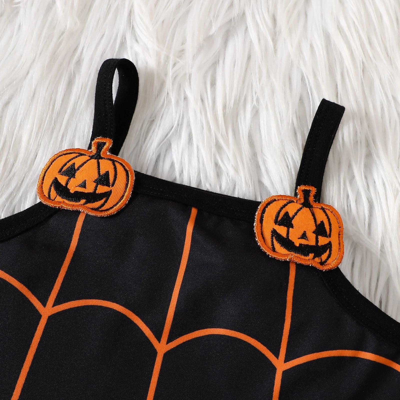 FOCUSNORM 0-4Y Autumn Little Girls Halloween Clothes Sets Outfit Long Sleeve Solid Tops and Pumpkin Patch Suspender Dress - petguardiansupplies